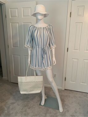 Blue and White Striped Pom-Pom Beach Cover-Up
